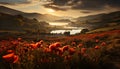 Tranquil meadow, vibrant wildflowers, sunset paints nature beauty generated by AI