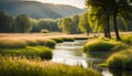 A tranquil meadow with a winding river