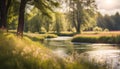 A tranquil meadow with a winding river