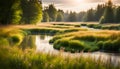 A tranquil meadow with a winding river