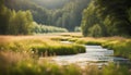 A tranquil meadow with a winding river