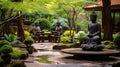 A tranquil meditation garden with stone statues