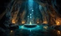 Tranquil meditation and practicing in mystical cave. Enchanted underground chamber with a tranquil pool and crystals. AI