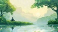 Tranquil Meditation by River in Lush Landscape