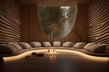 A tranquil meditation space with a 3D Zen garden wall pattern,