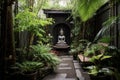 tranquil meditation spot with buddha statue in monastery garden