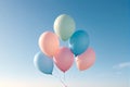 Tranquil Minimalism, Pastel Balloons Soaring under a Blue Sky, AI Generated