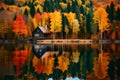 A tranquil, mirror-like lake reflecting the colorful hues of an autumn forest, with a quaint wooden cabin nestled among the trees Royalty Free Stock Photo