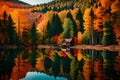 A tranquil, mirror-like lake reflecting the colorful hues of an autumn forest, with a quaint wooden cabin nestled among the trees