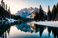 A tranquil, mirror-like lake reflecting a snow-covered mountain peak in its crystal-clear waters Royalty Free Stock Photo