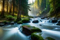 A tranquil, mist-shrouded river winding its way through a dense, ancient forest