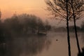 Tranquil misty lake at dawn