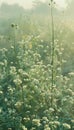 Tranquil misty morning meadow landscape with rolling hills and wildflowers in soft pastel tones Royalty Free Stock Photo