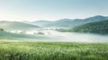 Tranquil misty morning meadow rolling hills, wildflowers, pastel tones of green, blue, and yellow.