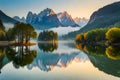 A tranquil, misty morning on a serene, lotus-covered pond with soft reflections on the water\'s surface