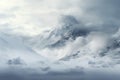 Tranquil and misty snow-covered mountain scene with ethereal clouds
