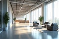 A tranquil modern office space bathed in sunlight, featuring sleek grey seating and large windows offering a peaceful city view, Royalty Free Stock Photo
