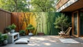 Tranquil modern patio with colorful bamboo wall and wooden deck Royalty Free Stock Photo