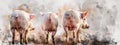 Rear view of three happy pigs in bright sunlight, watercolor painting style.