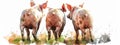 Rear view of three pigs in a lush field, watercolor painting style, isolated, white background.