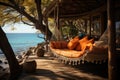 Tranquil moments in a hammock under a thatched hut by the ocean, summer season nature image