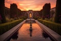 tranquil monastery garden fountain at sunset