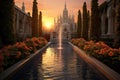 tranquil monastery garden fountain at sunset