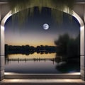 A tranquil, moonlit lake surrounded by willow trees with sparkling leaves3