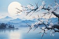 Tranquil moonlit lake with white flower in japanese minimalist landscape, serene vistas