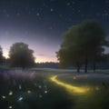 A tranquil, moonlit meadow where fireflies illuminate the path through tall, glowing grass1