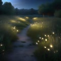 A tranquil, moonlit meadow where fireflies illuminate the path through tall, glowing grass3