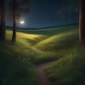 A tranquil, moonlit meadow where fireflies illuminate the path through tall, glowing grass4