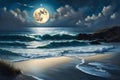 A tranquil, moonlit seascape with gentle waves lapping against a pristine, sandy beach, under the serene glow of a full moon