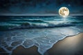 A tranquil, moonlit seascape with gentle waves lapping against a pristine, sandy beach, under the serene glow of a full moon