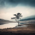 Tranquil Moorland Landscape With Minimalist Lake And Tree Design Royalty Free Stock Photo