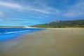 Tranquil morning empty sand beach scene, low tide, natural green hills, blue sky - Zahara de los Atunes, Costa de la luz, Spain Royalty Free Stock Photo