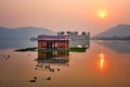 Tranquil morning at Jal Mahal Water Palace at sunrise in Jaipur. Rajasthan, India