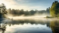 A tranquil morning mist over a quiet lake