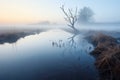 a tranquil morning scene of a misty marshland