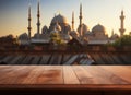 Tranquil mosque scene on a wooden table setting, ramadan and eid wallpaper