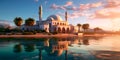 tranquil mosque by the sea, where worshippers find solace in prayer while overlooking the calming waters. Generative AI