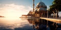 tranquil mosque by the sea, where worshippers find solace in prayer while overlooking the calming waters. Generative AI