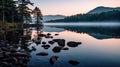 Tranquil mountain lake at dusk serene landscape