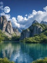 A tranquil mountain lake reflecting the full moon and sky Royalty Free Stock Photo