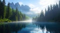 Tranquil Mountain Lake Reflection with Summer Mist and Dense Trees in Distance Royalty Free Stock Photo