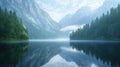 Tranquil Mountain Lake Reflection with Summer Mist and Dense Trees in Distance Royalty Free Stock Photo