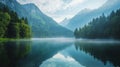 Tranquil Mountain Lake Reflection with Summer Mist and Dense Trees in Distance Royalty Free Stock Photo