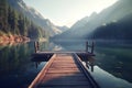 tranquil mountain lake with a wooden dock, surrounded by the beauty of nature. serene and peaceful atmosphere for