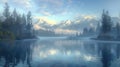 Tranquil mountain landscape with misty lake and pine trees