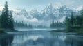 Tranquil mountain landscape with misty lake and pine trees